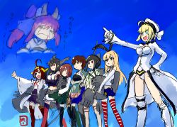 Rule 34 | 10s, 6+girls, :&lt;, :d, = =, absurdres, ahoge, asymmetrical legwear, black hair, blonde hair, blush stickers, breasts, brown hair, crossed arms, daizan (mount position), detached sleeves, elbow gloves, fate/extra, fate (series), from below, gloves, green eyes, group picture, group profile, hair ribbon, hairband, hand on own hip, hat, highres, huge ahoge, jitome, kaga (kancolle), kantai collection, kitakami (kancolle), kongou (kancolle), lineup, long hair, long sleeves, medium breasts, military, military uniform, mismatched legwear, multiple girls, nagato (kancolle), nero claudius (fate), nero claudius (fate) (all), nero claudius (fate/extra), nontraditional miko, open mouth, outstretched arm, pointing, profile, projected inset, red hair, rensouhou-chan, ribbon, ribbon-trimmed sleeves, ribbon trim, shimakaze (kancolle), shirt, short hair, showgirl skirt, sketch, skirt, smile, standing, striped clothes, striped legwear, striped thighhighs, taihou (kancolle), tamamo (fate), tamamo no mae (fate/extra), teardrop, thighhighs, uniform, upper body, wide sleeves