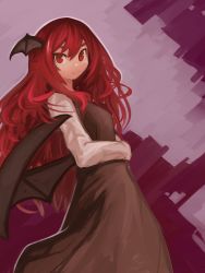 Rule 34 | 1girl, absurdres, bat wings, black skirt, black vest, commentary request, cowboy shot, dot nose, dress shirt, hair between eyes, hand on own stomach, head wings, highres, koakuma, lenserd, long hair, long sleeves, looking at viewer, low wings, messy hair, mixed-language commentary, necktie, pink background, red eyes, red hair, red necktie, shirt, sidelocks, simple background, skirt, skirt set, slit pupils, smile, solo, thick eyebrows, touhou, two-tone background, very long hair, vest, white shirt, wings