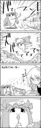 Rule 34 | 4koma, bow, bowl, comic, commentary request, crescent, curry, eating, emphasis lines, food, greyscale, hair bow, hat, highres, holding, holding bowl, holding spoon, kirisame marisa, long hair, mob cap, monochrome, patchouli knowledge, rice, smile, spoon, tani takeshi, touhou, translation request, transmutation, tsuchinoko, yukkuri shiteitte ne