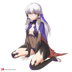 Rule 34 | 1girl, alternate color, alternate costume, bodystocking, breasts, cape, collarbone, cosplay, dark mage (fire emblem fates), female focus, fire emblem, fire emblem: three houses, fire emblem fates, full body, hair ornament, hayato stuff, highres, long hair, looking at viewer, lysithea von ordelia, navel, nintendo, nyx (fire emblem), nyx (fire emblem) (cosplay), open-toe shoes, panties, patreon logo, patreon username, pink eyes, purple panties, simple background, sitting, small breasts, solo, thighhighs, underwear, wariza, white background, white hair