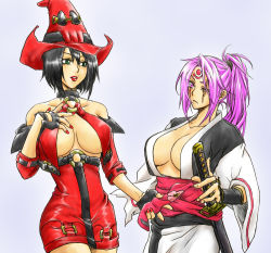 Rule 34 | 2girls, ahomira, arc system works, baiken, black hair, breasts, breasts apart, cleavage, green eyes, guilty gear, guilty gear xx, hand on another&#039;s chest, hand on own chest, hat, i-no, japanese clothes, katana, kimono, large breasts, lipstick, makeup, mole, multiple girls, nail polish, obi, one-eyed, open clothes, open kimono, pink eyes, pink hair, ponytail, red hat, red nails, sash, scar, scar across eye, scar on face, sheath, sword, tattoo, weapon, witch hat