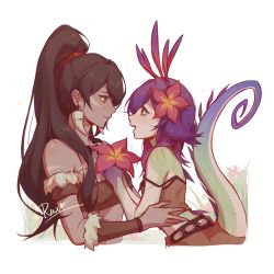 Rule 34 | 2girls, absurdres, artist name, bare shoulders, brown hair, brown shirt, closed mouth, clothing cutout, dark-skinned female, dark skin, earrings, facepaint, flower, frills, green eyes, hair flower, hair ornament, hair tie, high ponytail, highres, holding, holding flower, jewelry, league of legends, lizard tail, long hair, looking at another, monster girl, multicolored hair, multiple girls, neeko (league of legends), nidalee, open mouth, purple hair, ruan chen yue, shirt, tail, tail through clothes, tribal, yuri