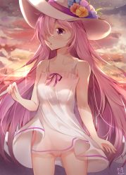 Rule 34 | 1girl, alternate costume, alternate hair length, alternate hairstyle, bare arms, bare shoulders, blue flower, blush, breasts, cleft of venus, cloud, cloudy sky, collarbone, dress, fate/grand order, fate (series), fingernails, flower, groin, hair over one eye, hat, hat flower, highres, long hair, mash kyrielight, nahaki, no panties, outdoors, parted lips, pink hair, purple eyes, purple flower, pussy, see-through, signature, sky, sleeveless, sleeveless dress, small breasts, solo, sun hat, sunset, uncensored, very long hair, white dress, white hat, yellow flower