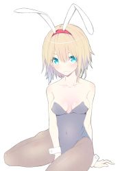 Rule 34 | 1girl, alice margatroid, animal ears, arm support, bare arms, bare shoulders, blonde hair, blue eyes, blue hair, blush, breasts, brown pantyhose, bunny day, collarbone, commentary request, covered navel, fake animal ears, gradient hair, hair between eyes, hairband, leotard, looking at viewer, medium breasts, multicolored hair, nirap, no shoes, pantyhose, playboy bunny, rabbit ears, red hairband, shiny clothes, shiny legwear, shiny skin, short hair, simple background, sitting, solo, thighs, touhou, wariza, white background, wrist cuffs