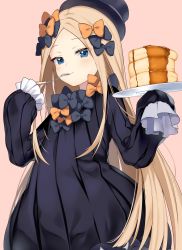 Rule 34 | 1girl, abigail williams (fate), absurdres, black bow, black dress, black hat, blonde hair, blue eyes, blush, bow, dress, fate/grand order, fate (series), food, fork, hair bow, hat, highres, ken pyatsu, long hair, looking at viewer, multiple hair bows, orange bow, pancake, pancake stack, parted bangs, pink background, plate, simple background, sleeves past fingers, sleeves past wrists, smile, solo, upper body, very long hair