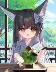 Rule 34 | 1girl, :d, animal ear fluff, animal ears, black hair, blue kimono, blue sky, brown eyes, cloud, day, food, giving, holding, holding ladle, holding saucer, japanese clothes, kimono, ladle, long hair, long sleeves, looking at viewer, matcha (food), mochi, mountain, open mouth, original, red bean paste, saucer, shaved ice, sky, smile, solo, tree, ujikintoki, wide sleeves, yuuhagi (amaretto-no-natsu)