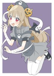 Rule 34 | 1girl, :d, absurdres, alternate costume, apron, bad id, bad twitter id, bandaged arm, bandages, black nails, black thighhighs, blush, bright pupils, claw pose, donguri suzume, dress, fingernails, food-themed hair ornament, full body, ghost, grey apron, grey dress, hair ornament, halloween costume, hat, highres, jumping, legs together, light brown hair, long hair, looking at viewer, nail polish, natori sana, nurse cap, open mouth, puffy short sleeves, puffy sleeves, pumpkin hair ornament, purple background, red eyes, sana channel, sandals, sharp teeth, short sleeves, simple background, smile, solo, strap slip, teeth, thighhighs, tongue, tongue out, torn clothes, torn dress, very long hair, virtual youtuber, white thighhighs