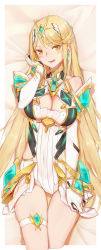 Rule 34 | 1girl, armor, blonde hair, blush, breasts, cleavage, cleavage cutout, clothing cutout, covered navel, earrings, elbow gloves, gem, gloves, headpiece, heiyz, jewelry, large breasts, leotard, long hair, looking at viewer, lying, mythra (xenoblade), nintendo, on back, open mouth, shoulder armor, solo, swept bangs, thigh strap, tiara, white gloves, xenoblade chronicles (series), xenoblade chronicles 2, yellow eyes