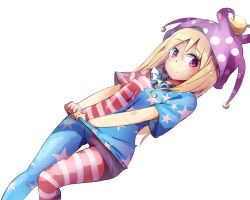 Rule 34 | 1girl, american flag dress, american flag legwear, blonde hair, clownpiece, dutch angle, frown, hat, jester cap, long hair, looking at viewer, pantyhose, purple eyes, rinoshii, shirt tug, short sleeves, simple background, solo, standing, standing on one leg, striped clothes, striped pantyhose, thigh gap, touhou, white background