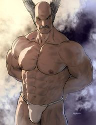 Rule 34 | 1boy, abs, artist name, bara, biceps, broad shoulders, facial hair, frown, fundoshi, grey hair, hand on back, highres, hydaria, japanese clothes, large pectorals, looking at viewer, male focus, male underwear, manly, mature male, mishima heihachi, muscular, muscular male, mustache, navel, nipples, no pants, pectorals, spiked hair, tekken, thick arms, topless male, underwear