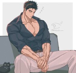 Rule 34 | 1boy, bara, black cat, black hair, blue eyes, bursting pectorals, cat, closed eyes, cowboy shot, disembodied hand, domo (domo kizusuki), eyelashes, grey background, highres, kokado shido (domo), large pectorals, male focus, muscular, muscular male, original, pectoral cleavage, pectorals, shirt, short hair, sideburns, simple background, sitting, sleeping, sleeves rolled up, solo, thick eyebrows, tight clothes, tight shirt, translation request, veins, veiny arms, zzz