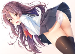 Rule 34 | 1girl, akashio (loli ace), ass, bad id, bad nicoseiga id, black sailor collar, black skirt, black thighhighs, blush, breasts, brown background, brown eyes, brown hair, brown thighhighs, commentary request, dutch angle, from behind, gradient background, hair between eyes, leaning forward, long hair, long sleeves, looking at viewer, looking back, looking to the side, medium breasts, open mouth, original, panties, pleated skirt, sailor collar, school uniform, serafuku, shiny skin, shirt, simple background, skirt, solo, thighhighs, underwear, very long hair, white background, white panties, white shirt, wind, wind lift