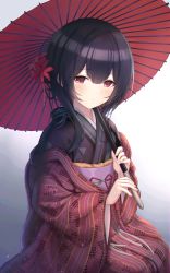 Rule 34 | 1girl, bad id, bad pixiv id, black hair, black kimono, closed mouth, commentary request, cotrpopor, flower, hair between eyes, hair flower, hair ornament, haori, highres, holding, holding umbrella, idolmaster, idolmaster shiny colors, japanese clothes, kimono, long hair, long sleeves, looking at viewer, morino rinze, obi, oil-paper umbrella, red eyes, red flower, red umbrella, sash, seiza, sidelocks, sitting, solo, umbrella, wide sleeves