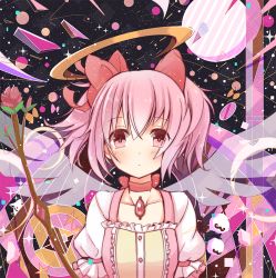 Rule 34 | 1girl, angel wings, bad id, bad pixiv id, bow, flower, hair bow, halo, kaname madoka, looking at viewer, mahou shoujo madoka magica, mahou shoujo madoka magica (anime), pink bow, pink eyes, pink hair, sakeharasu, short hair, short twintails, solo, twintails, upper body, wings