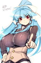 Rule 34 | 1girl, blue hair, bow, breasts, corset, cross, covered erect nipples, hair bow, hair ribbon, large breasts, long hair, mel/a, melmaid, original, pointing, pointing at viewer, ponytail, red eyes, revision, ribbon, sketch, smile, solo