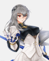 Rule 34 | 1girl, armor, azur lane, boobplate, breastplate, breasts, brown shirt, corset, diamond (shape), eyes visible through hair, fleur-de-lis, floating hair, gauntlets, grey hair, hair between eyes, hair ornament, hand up, head tilt, highres, holding, holding polearm, holding weapon, impossible clothes, large breasts, long hair, looking away, miniskirt, mole, mole under eye, parted lips, pleated skirt, pointing, polearm, red eyes, saint-louis (azur lane), shirt, sidelocks, simple background, skirt, skyde kei, solo, weapon, white background, white footwear, white skirt
