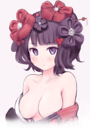 Rule 34 | 1girl, bare shoulders, black hair, blue eyes, blush, breasts, collarbone, fate/grand order, fate (series), flower, hair flower, hair ornament, highres, japanese clothes, karin260rs, katsushika hokusai (fate), kimono, medium breasts, off shoulder, short hair, simple background, solo