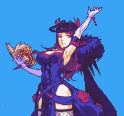 Rule 34 | 1girl, bare shoulders, blue background, book, breasts, cleavage, commentary request, dress, elbow gloves, fascinator, fire emblem, fire emblem engage, flower, glaceo, gloves, hair ornament, holding, holding book, ivy (fire emblem), jewelry, large breasts, long hair, looking at viewer, mole, mole under mouth, nintendo, open mouth, parted lips, pixel art, purple eyes, purple hair, rose, solo, thighhighs, white gloves