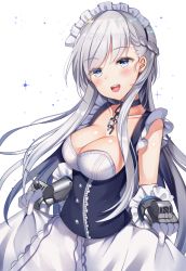 Rule 34 | 1girl, :d, aozora nan, azur lane, belfast (azur lane), blue eyes, blush, braid, breasts, chain, cleavage, collar, collarbone, commentary request, corset, dress, elbow gloves, gloves, head tilt, highres, large breasts, long hair, looking at viewer, maid, maid headdress, open mouth, silver hair, skirt hold, smile, solo, teeth, upper teeth only, very long hair, white background, white dress, white gloves
