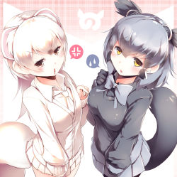 Rule 34 | 10s, 2girls, absurdres, anger vein, animal ears, binturong (kemono friends), binturong ears, binturong tail, black shirt, black theme, blouse, blush, bow, bowtie, breast envy, breast poke, brown eyes, collared shirt, extra ears, grey hair, grey neckwear, grey shirt, grey skirt, highres, japari symbol, kanzakietc, kemono friends, looking at viewer, multiple girls, open mouth, pleated skirt, poking, polar opposites, shirt, short hair, skirt, spoken anger vein, spoken sweatdrop, stoat (kemono friends), sweatdrop, tail, v-shaped eyebrows, weasel ears, weasel tail, white hair, white shirt, white skirt, white theme, yellow eyes