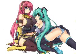 Rule 34 | 2girls, all fours, aqua eyes, aqua hair, ass, blue eyes, blush, breasts, cameltoe, covered erect nipples, detached sleeves, hatsune miku, headset, hug, huge breasts, kawase seiki, large breasts, looking back, megurine luka, multiple girls, navel, panties, pink hair, sitting, smile, striped clothes, striped panties, thighhighs, twintails, underwear, vocaloid, wariza
