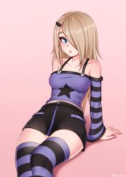Rule 34 | 1girl, :o, arm support, artist name, bad id, bad pixiv id, bare shoulders, black skirt, blonde hair, blue eyes, borrowed character, breasts, collarbone, commission, detached sleeves, hair ornament, hair over one eye, hairclip, highres, leaning back, long hair, long sleeves, looking at viewer, medium breasts, midriff, miniskirt, open mouth, original, pink background, purple shirt, purple skirt, shellvi, shirt, sitting, skirt, solo, star (symbol), star print, striped clothes, striped sleeves, striped thighhighs, thighhighs