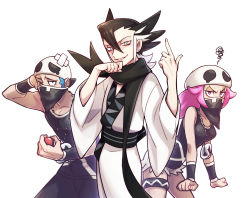 Rule 34 | &gt; o, 1girl, 2boys, black hair, black scarf, commentary request, creatures (company), eyelashes, game freak, grimsley (pokemon), hair between eyes, half-closed eyes, hands up, highres, holding, holding poke ball, jewelry, long hair, looking at viewer, momoji (lobolobo2010), multiple boys, necklace, nintendo, one eye closed, parted lips, pink eyes, pink hair, poke ball, poke ball (basic), pokemon, pokemon sm, sash, scarf, smile, team skull, team skull grunt, team skull uniform, thigh strap, white background, wristband