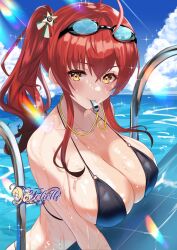 Rule 34 | 1girl, azur lane, bikini, black bikini, blush, breasts, commentary, commission, felielle, goggles, goggles on head, highres, holding, holding whistle, italian flag, large breasts, looking at viewer, o-ring, o-ring bikini, official alternate costume, outdoors, pool, pool ladder, poolside, red hair, side ponytail, solo, swimsuit, upper body, wet, whistle, whistle around neck, yellow eyes, zara (azur lane), zara (poolside coincidence) (azur lane)