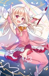Rule 34 | 1girl, :d, blush, boots, commentary, detached sleeves, fate/kaleid liner prisma illya, fate (series), gloves, hair between eyes, hair wings, head tilt, head wings, hitsukuya, holding, holding wand, illyasviel von einzbern, light brown hair, long hair, long sleeves, looking at viewer, magical ruby, open mouth, outstretched arms, pink shirt, prisma illya, red eyes, revision, shirt, skirt, sleeveless, sleeveless shirt, smile, solo, star (symbol), teeth, thigh boots, thighhighs, two side up, upper teeth only, very long hair, wand, white footwear, white gloves, white skirt, white thighhighs, white wings, winged footwear, wings