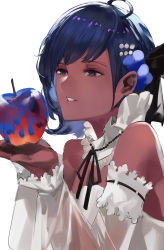 Rule 34 | 1girl, apple, bare shoulders, blazpu, breasts, dark-skinned female, dark skin, detached collar, detached sleeves, dress, fate/grand order, fate/prototype, fate/prototype: fragments of blue and silver, fate (series), food, fruit, hair ornament, hassan of serenity (fate), highres, medium breasts, parted lips, purple eyes, purple hair, short hair, white dress