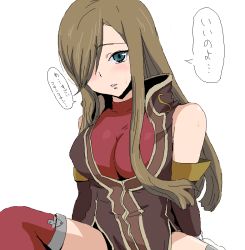 Rule 34 | 00s, blue eyes, blush, brown hair, hair over one eye, oekaki, sima, simple background, solo, tales of (series), tales of the abyss, tear grants, thighhighs, translation request, white background
