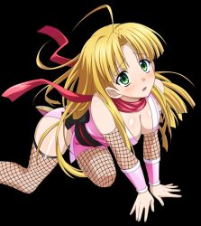 Rule 34 | 10s, 1girl, ahoge, asia argento, blonde hair, breasts, cleavage, detached sleeves, fishnet thighhighs, fishnets, green eyes, high school dxd, long hair, looking up, medium breasts, ninja, open mouth, panties, pink panties, red scarf, scarf, solo, thighhighs, transparent background, underwear, very long hair