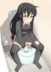 Rule 34 | 1girl, black hair, black jacket, black thighhighs, blush, bottomless, cup, hatsushimo (kancolle), holding, jacket, kantai collection, long hair, long sleeves, looking down, minamimachi naname, necktie, open mouth, peeing, peeing in cup, pussy, red necktie, school uniform, shirt, sitting, solo, thighhighs, toilet, trash can, uncensored, white shirt, yellow eyes