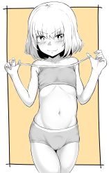 Rule 34 | 1girl, absurdres, bikini, blush, breasts, cameltoe, fang, girls und panzer, highres, katyusha (girls und panzer), rorimo, short hair, simple background, small breasts, solo, standing, swimsuit, two-tone background