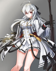 Rule 34 | 1girl, absurdres, ahoge, anti-materiel rifle, black gloves, bolt action, breasts, bullpup, girls&#039; frontline, gloves, grey background, gun, highres, huge ahoge, iws 2000 (girls&#039; frontline), iznal, long hair, looking at viewer, miniskirt, needlegun, prototype design, red eyes, rifle, simple background, skirt, sniper rifle, solo, steyr arms, steyr iws 2000, steyr mannlicher, tagme, thighs, weapon, white background, white hair