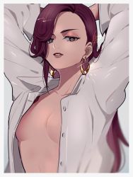 Rule 34 | 1girl, arms up, border, collared shirt, earrings, eyeshadow, half-closed eyes, highres, jewelry, kisaragi yuu (fallen sky), long hair, long sleeves, makeup, no bra, open clothes, open shirt, original, parted lips, red hair, shirt, signature, solo, upper body, white border, white shirt