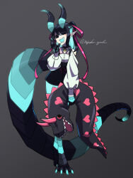 Rule 34 | 1girl, absurdres, animal feet, artist name, bare shoulders, black choker, black eyes, black hair, black horns, black scales, black skin, blue hair, blue horns, blue scales, blue tongue, braid, choker, claws, collared shirt, colored inner hair, colored skin, colored tongue, digitigrade, dragon girl, dragon horns, dragon tail, empty eyes, fangs, full body, glowing, glowing hair, glowing mouth, grey background, hand up, highres, holding, holding stuffed toy, horns, index finger raised, long hair, long sleeves, long tail, looking at viewer, monster girl, multicolored hair, multicolored skin, no pupils, open mouth, original, peace symbol, pendant choker, pointy ears, puffy long sleeves, puffy sleeves, scales, shirt, sidelocks, simple background, solo, standing, stuffed animal, stuffed dragon, stuffed toy, tail, toipokun oyashi, twitter username, two side up, white shirt