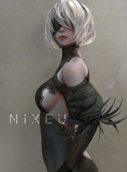 Rule 34 | 1girl, adapted costume, alternate color, armpit crease, artist name, back cutout, bare shoulders, black blindfold, black dress, black hairband, blindfold, bob cut, breasts, cleavage, clothing cutout, commentary request, covered eyes, cowboy shot, dress, facing to the side, facing viewer, feather-trimmed sleeves, feathers, from side, hairband, highres, juliet sleeves, lips, long sleeves, medium breasts, mole, mole under mouth, nier:automata, nier (series), nixeu, nose, puffy sleeves, realistic, red lips, short hair, shoulder cutout, side cutout, sideboob, sidelocks, solo, swept bangs, white hair, 2b (nier:automata)