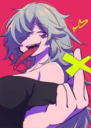 Rule 34 | 1girl, absurdres, bags under eyes, black shirt, blue eyes, blue hair, chariki, hair over one eye, heart, highres, indie virtual youtuber, kutinawa, long tongue, middle finger, off-shoulder shirt, off shoulder, one eye covered, open mouth, pink background, sharp teeth, shirt, solo, teeth, tongue, tongue out, virtual youtuber