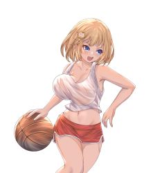 Rule 34 | absurdres, ball, basketball, basketball (object), basketball uniform, blonde hair, blue eyes, bouncing breasts, breasts, highres, hololive, hololive english, honkivampy, large breasts, navel, no bra, open mouth, short hair, simple background, sportswear, virtual youtuber, watson amelia, white background