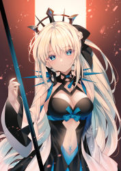 Rule 34 | 1girl, black bow, black dress, blue bow, blue eyes, bow, braid, breasts, cleavage, commentary request, detached sleeves, dress, fate/grand order, fate (series), hair between eyes, hair bow, head tilt, long hair, long sleeves, looking at viewer, medium breasts, morgan le fay (fate), navel, nogi takayoshi, parted lips, solo, very long hair, white dress, white hair, white sleeves, wide sleeves