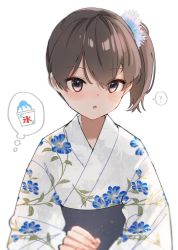 Rule 34 | 1girl, ?, alternate costume, blush, brown eyes, brown hair, commentary request, floral print, food, hair between eyes, japanese clothes, kaga (kancolle), kantai collection, kimono, long hair, long sleeves, looking at viewer, obi, one-hour drawing challenge, parted lips, print kimono, sash, shaved ice, short hair, side ponytail, simple background, solo, spoken question mark, upper body, white background, white kimono, wide sleeves, yamashichi (mtseven), yukata