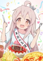 Rule 34 | 1girl, ahoge, bird, birthday cake, birthday sash, cake, candle, cola, collarbone, crow, food, fork, french fries, genderswap, genderswap (mtf), happy birthday, heart, highres, holding, holding fork, holding knife, kazura, knife, looking at food, male-female symbol, onii-chan wa oshimai!, open mouth, oyama mahiro, pink hair, pizza, sash, shirt, shoulder sash, solo, star (symbol), star in eye, strawberry shortcake, streamers, symbol in eye, t-shirt, translation request