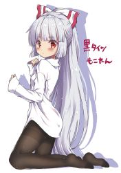 Rule 34 | 1girl, arms up, beni kurage, blunt bangs, blush, bow, breasts, closed mouth, collarbone, collared shirt, commentary request, feet, from side, frown, fujiwara no mokou, full body, hair bow, hair ribbon, head tilt, highres, kneeling, long hair, long sleeves, looking at viewer, pantyhose, red eyes, red ribbon, ribbon, shadow, shirt, silver hair, simple background, sleeves past wrists, solo, thighband pantyhose, touhou, translated, very long hair, white background, white shirt, wide sleeves