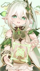 Rule 34 | 1girl, absurdres, blush, braid, commentary request, cowboy shot, cross-shaped pupils, detached sleeves, dress, flat chest, french braid, genshin impact, green eyes, green hair, green sleeves, grey hair, hair between eyes, hair ornament, highres, leaf hair ornament, looking at viewer, multicolored hair, nahida (genshin impact), open mouth, pointy ears, round teeth, short dress, short sleeves, side ponytail, sleeveless, sleeveless dress, solo, stpen, streaked hair, symbol-shaped pupils, teeth, upper teeth only, variant set, white dress