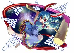 Rule 34 | 1girl, absurdres, ambiguous red liquid, animal ears, barefoot, blue dress, blue hair, braid, rabbit ears, rabbit tail, crescent, danmaku, dress, earclip, frilled dress, frills, full body, highres, holding, holding weapon, kine, looking at viewer, mallet, multi-tied hair, open mouth, red eyes, seiran (touhou), short sleeves, smile, socha, solo, space, star (sky), star (symbol), tail, touhou, twin braids, weapon