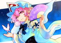 Rule 34 | 1girl, bad id, bad twitter id, blue hat, blue kimono, blush, folding fan, frilled kimono, frills, hair between eyes, hand fan, hat, highres, holding, holding fan, japanese clothes, kimono, long sleeves, mob cap, open mouth, pink eyes, pink hair, qqqrinkappp, saigyouji yuyuko, short hair, smile, solo, touhou, traditional media, triangular headpiece, upper body, wide sleeves