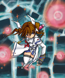Rule 34 | 00s, 1girl, brown hair, building, cityscape, fingerless gloves, from above, full body, gem, gloves, holding, holding weapon, looking at viewer, looking up, lyrical nanoha, magical girl, mahou shoujo lyrical nanoha, mahou shoujo lyrical nanoha strikers, miniskirt, outdoors, polearm, raising heart, raising heart (accel mode), rod, serious, shoes, short hair, skirt, solo, staff, takamachi nanoha, takamachi nanoha (aggressor mode), thighhighs, twintails, waist cape, weapon, white thighhighs, winged footwear, wings, zettai ryouiki