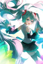 Rule 34 | 1girl, :d, absurdres, aqua eyes, aqua hair, aqua nails, bare shoulders, black skirt, black sleeves, black thighhighs, blue necktie, commentary request, detached sleeves, hatsune miku, highres, kamatoyu, long hair, looking at viewer, looking back, nail polish, necktie, open mouth, shirt, skirt, smile, solo, thighhighs, twintails, very long hair, vocaloid, white shirt, zettai ryouiki