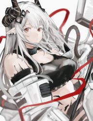 Rule 34 | 1girl, absurdres, arknights, bare shoulders, black gloves, breasts, cleavage, closed mouth, collar, commentary, ear piercing, emiya negi, gloves, hair ornament, hammer, highres, holding, holding hammer, holding weapon, horns, infection monitor (arknights), large breasts, long hair, long sleeves, looking at viewer, material growth, mudrock (arknights), off shoulder, open clothes, oripathy lesion (arknights), piercing, pointy ears, red eyes, silver hair, simple background, solo, sports bra, upper body, very long hair, weapon, white background